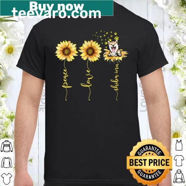 Illustration of a Shiba Inu with sunflowers and 'Peace Love Shiba Inu' text