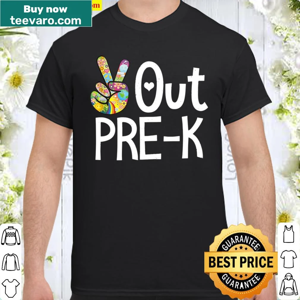 Fun shirt for pre-K graduates with the phrase 'Peace Out Pre-K'.