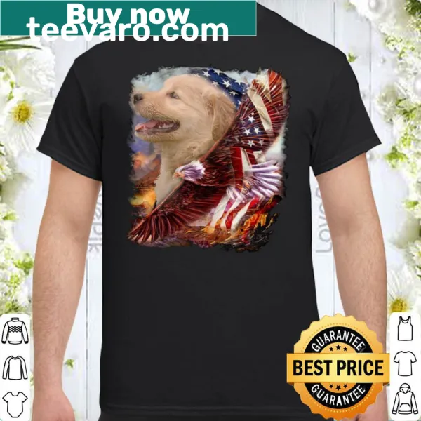Golden Retriever puppy behind American flag with eagle