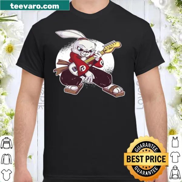 Playful illustration of a rabbit playing a guitar on a t-shirt