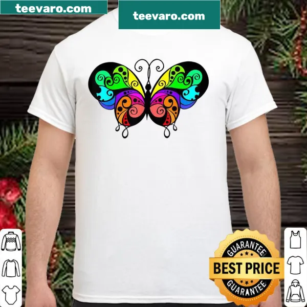 Illustrated rainbow butterfly design on a pride-themed T-shirt
