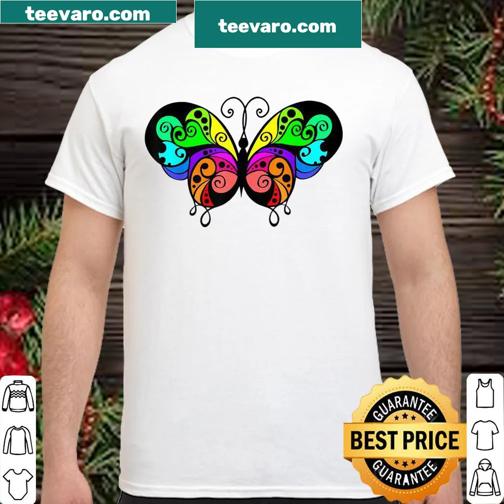 Illustrated rainbow butterfly design on a pride-themed T-shirt