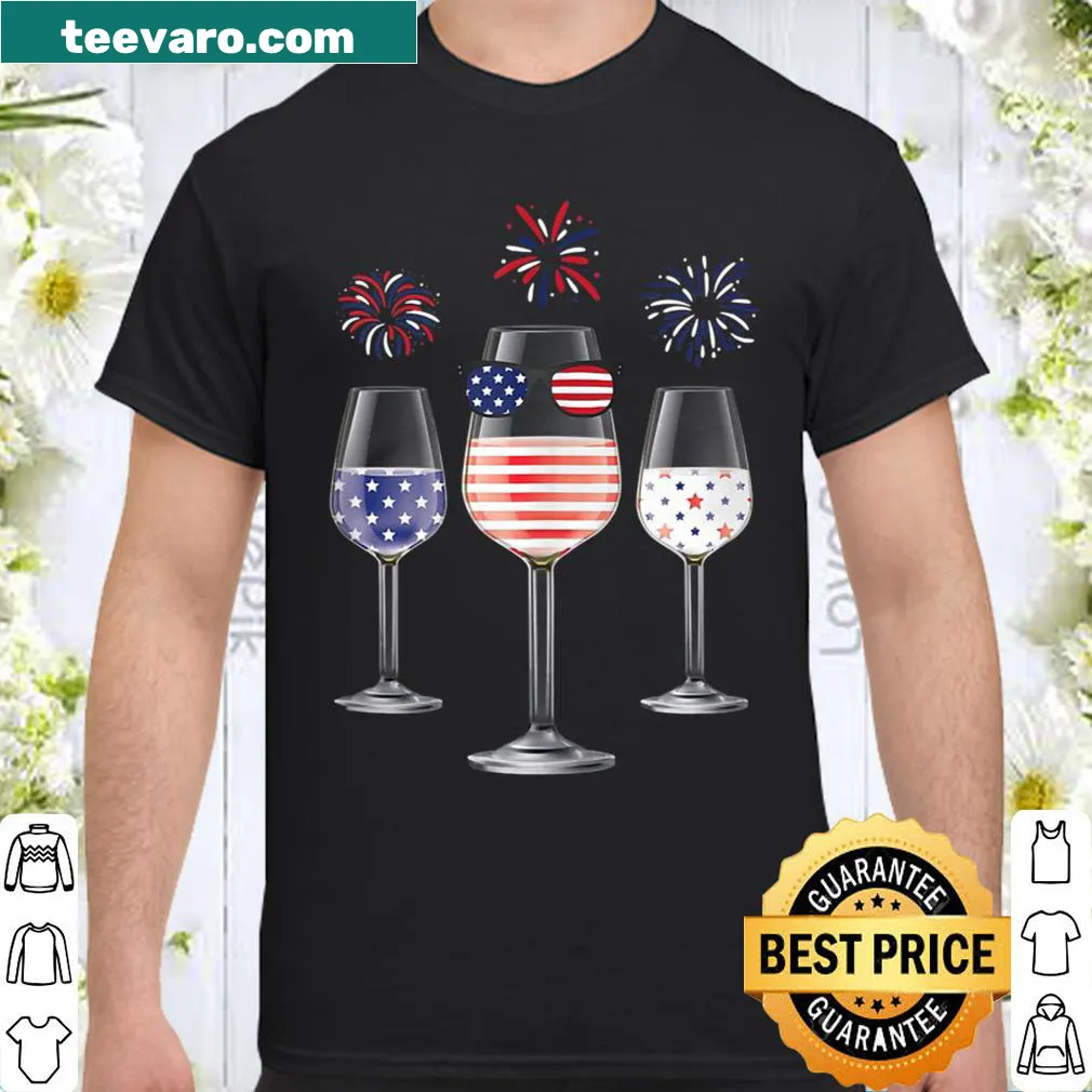 4th of July shirt featuring wine glasses and American flag design
