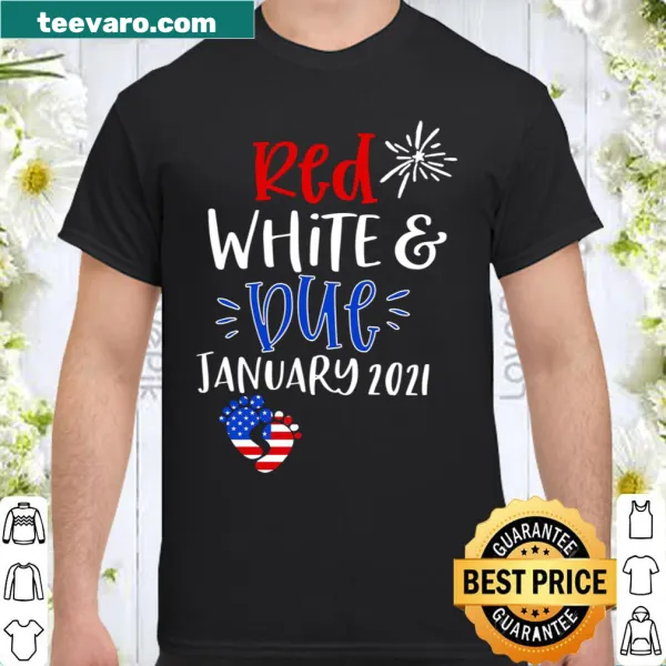 Shirt announcing pregnancy with 'Red White & Due' text.