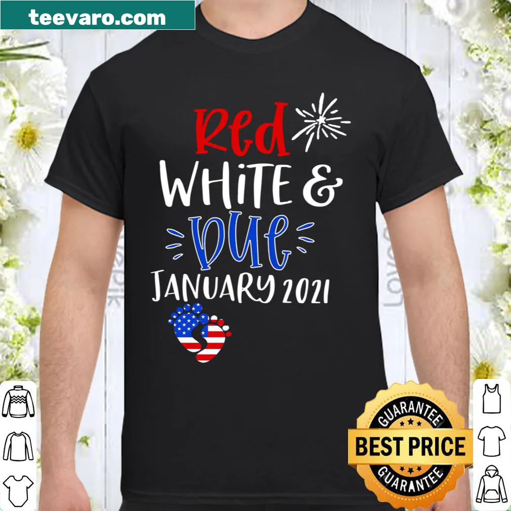 Shirt announcing pregnancy with 'Red White & Due' text.