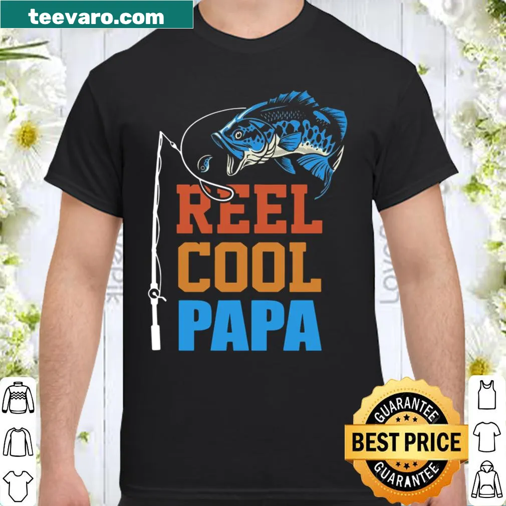 Fun fishing-themed t-shirt saying 'Reel Cool Papa' with illustrations