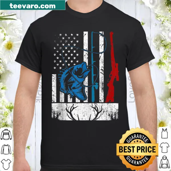 Vintage-style shirt with American flag and fishing hunting graphics