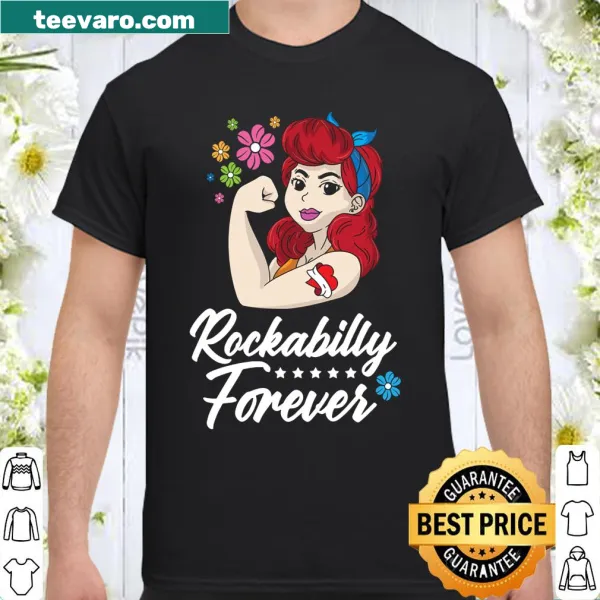 Retro rockabilly shirt featuring music and tattoo motifs.
