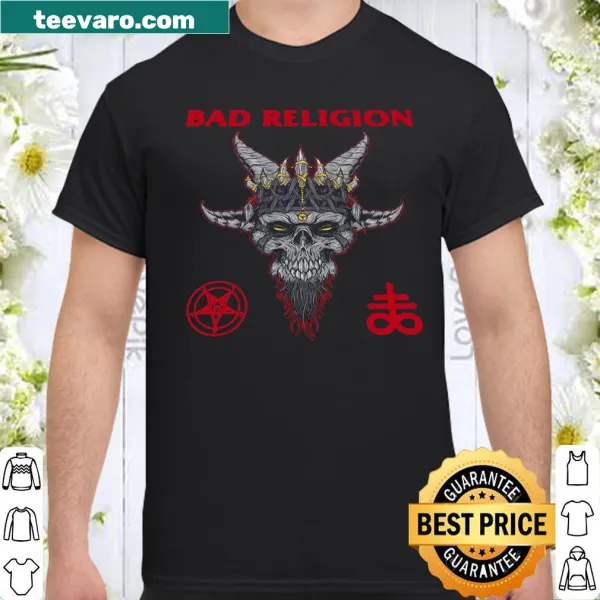 Illustrated shirt featuring a skull with horns and religious symbolism