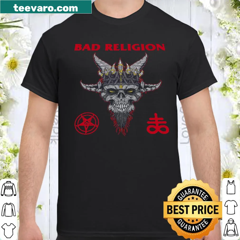 Illustrated shirt featuring a skull with horns and religious symbolism