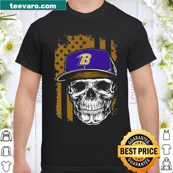Shirt featuring Baltimore Ravens skull hat and American flag design
