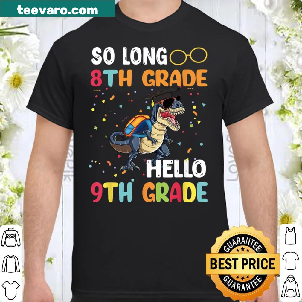 Cartoon dinosaur saying goodbye to 8th grade graphic t-shirt.