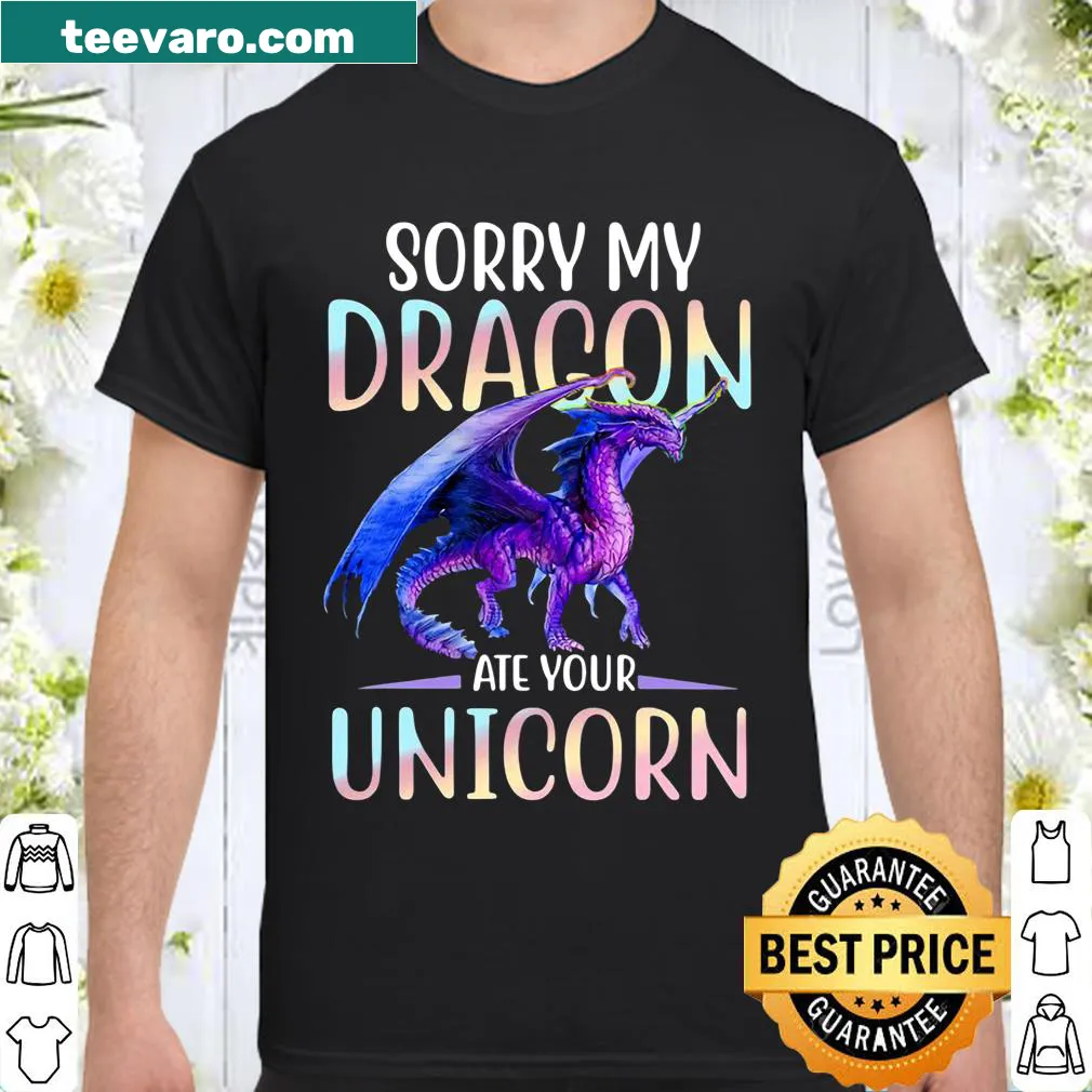 Funny shirt with cartoon dragon and unicorn graphic