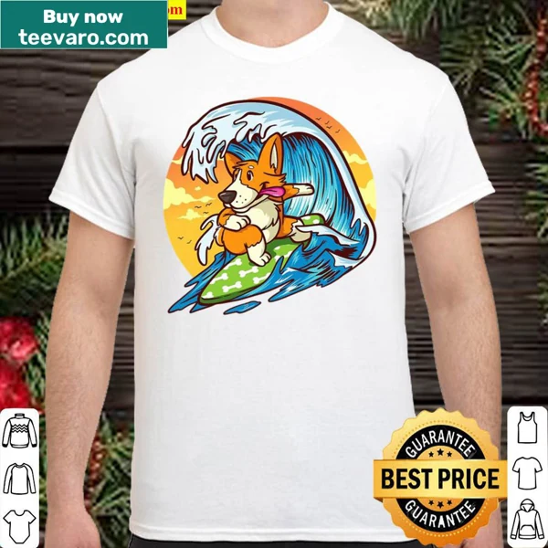 Cute Hawaiian dog surfer shirt featuring a Welsh Corgi illustration