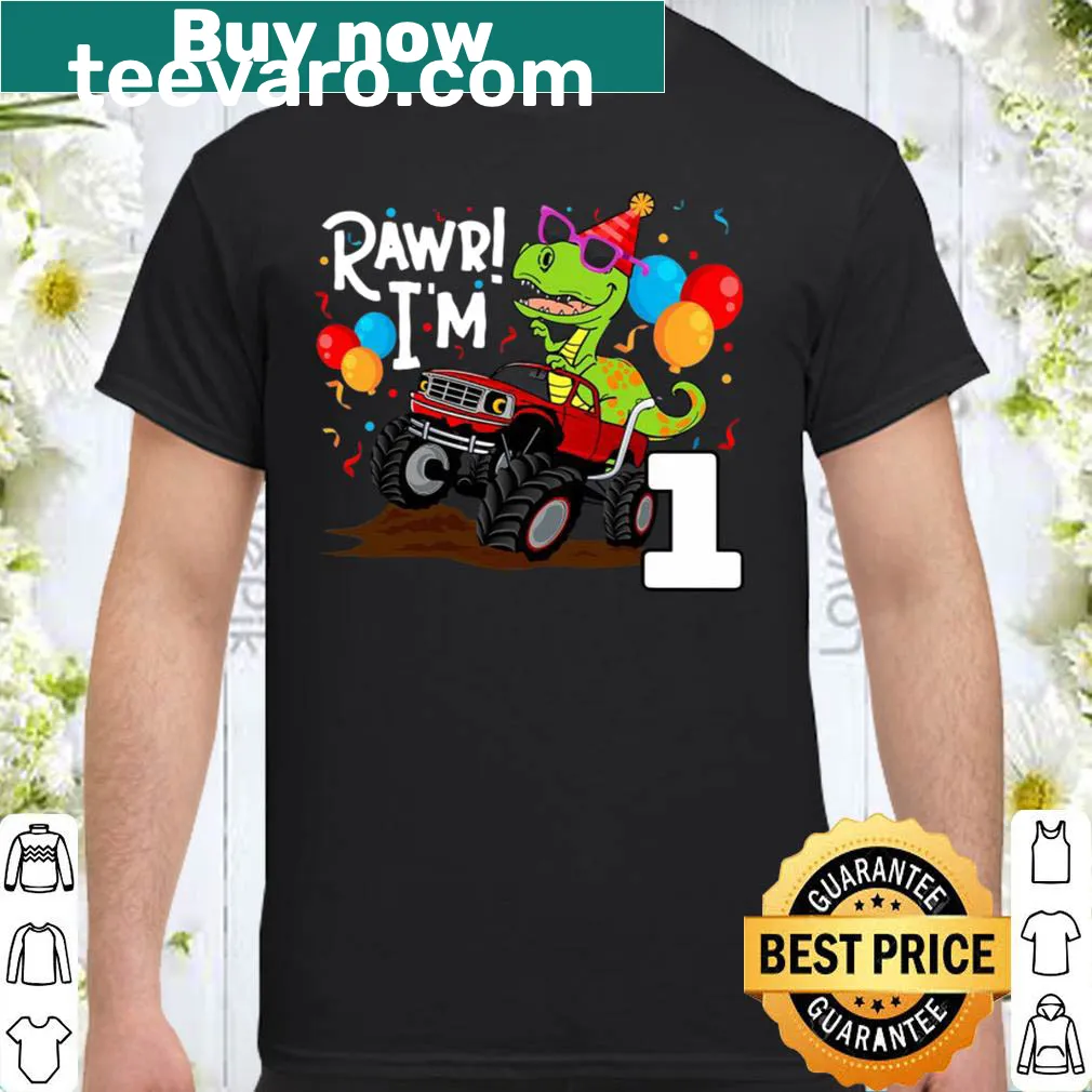 Birthday shirt with a dinosaur driving a monster truck for boys.