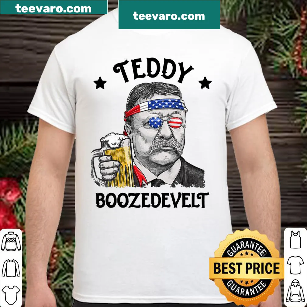 Funny Teddy Roosevelt beer-themed Fourth of July shirt — on a women's shirt