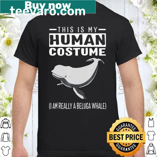 Whimsical shirt with beluga whale illustration and text