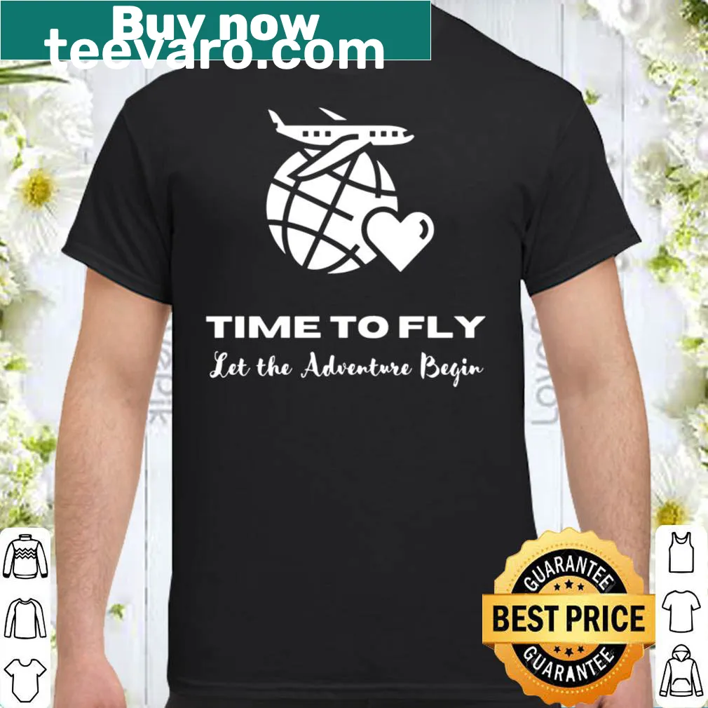 Black shirt with inspirational 'Time To Fly' graphic and adventure theme