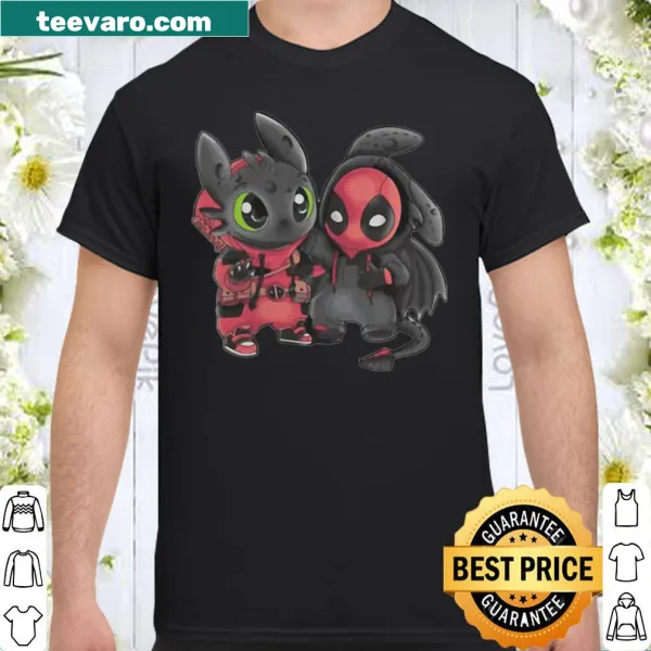 Cartoon mashup of Toothless, Stitch, and Deadpool on T-shirt