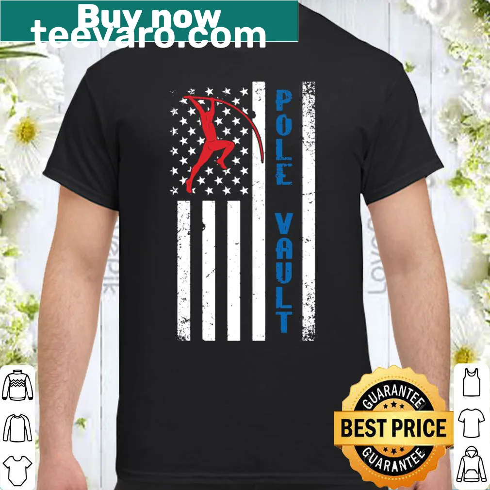 Pole vaulter silhouette in front of American flag design.