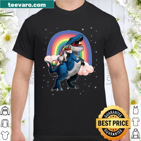 Cute shirt design with a unicorn riding a T-Rex, ideal for kids.