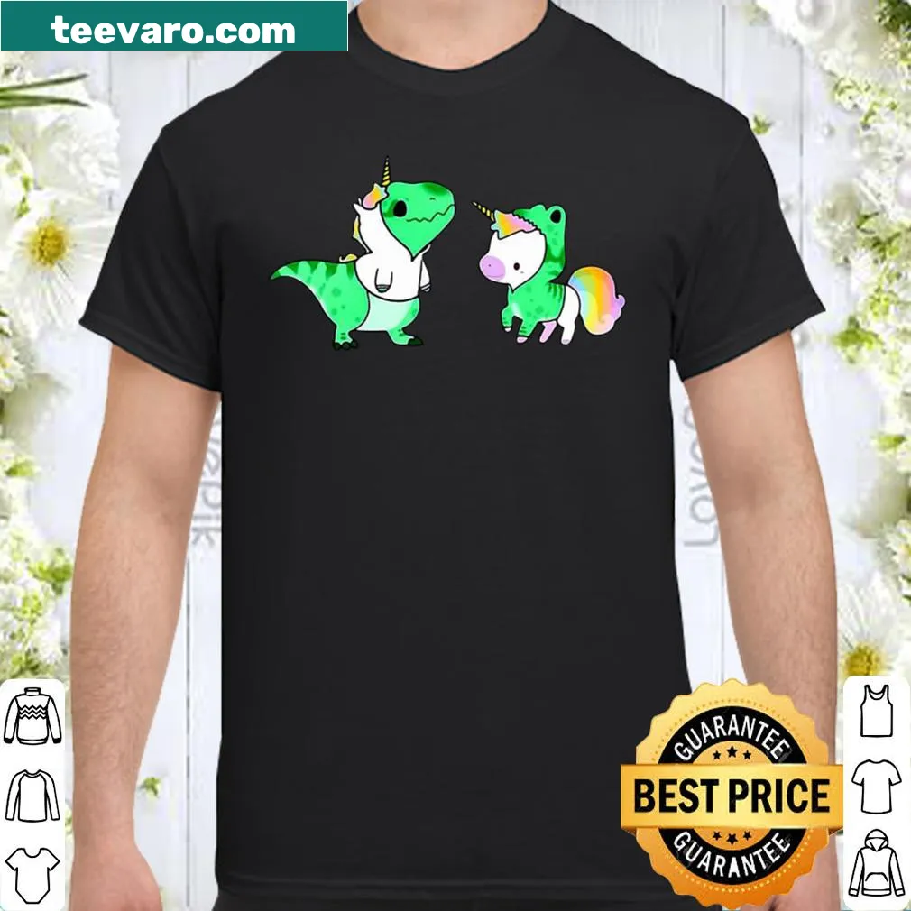 Cartoon of a unicorn in a dinosaur costume on a shirt