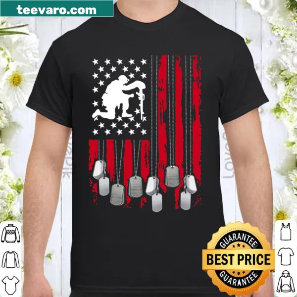 Patriotic shirt featuring an American flag and veteran dog tag