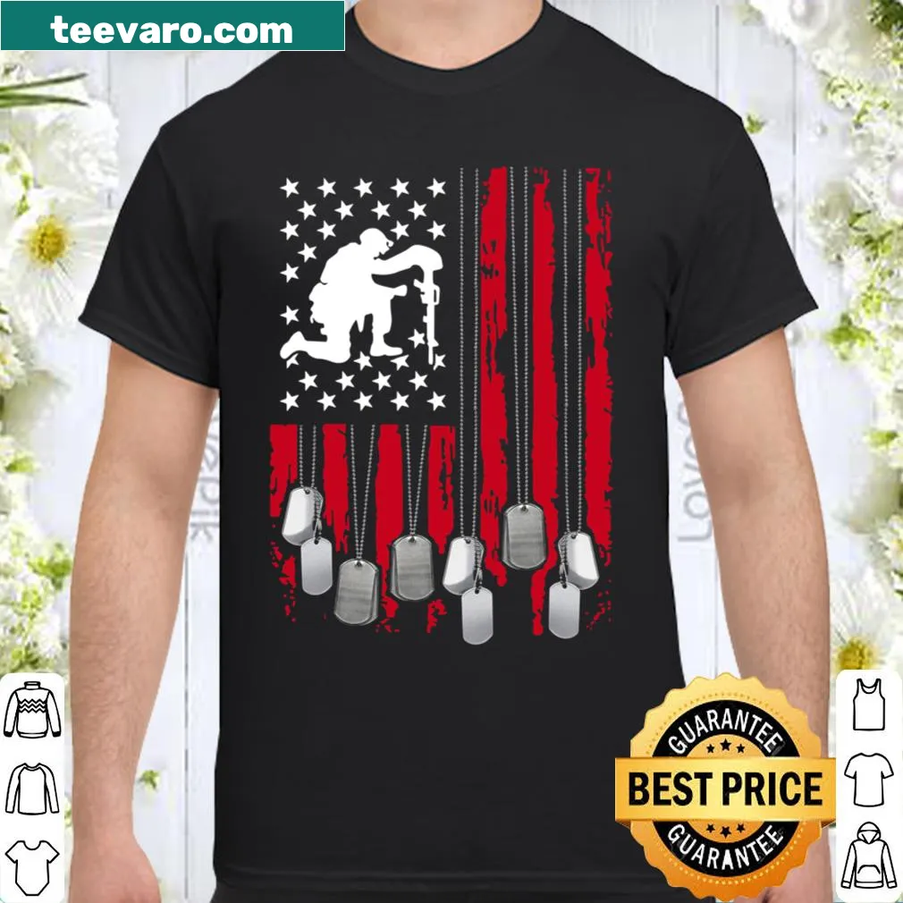 Patriotic shirt featuring an American flag and veteran dog tag