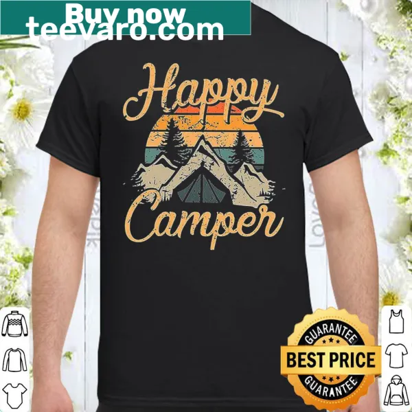 Illustrated Happy Camper T-shirt for women featuring a smiling camper graphic