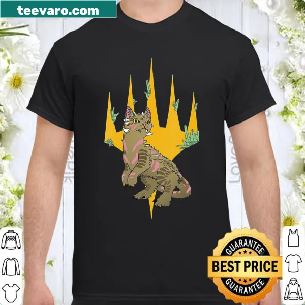 V-neck shirt with an illustration of a dinosaur cat logo from Magic The Gathering
