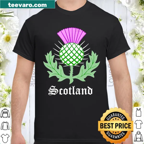Scottish thistle illustrated on a V-neck shirt celebrating Scotland