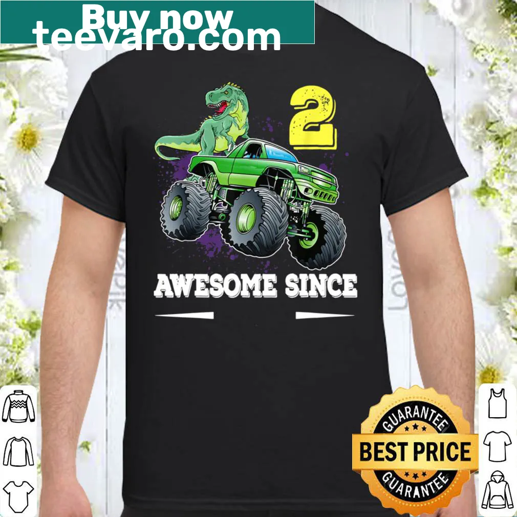Cartoon dinosaur and monster truck on a birthday t-shirt