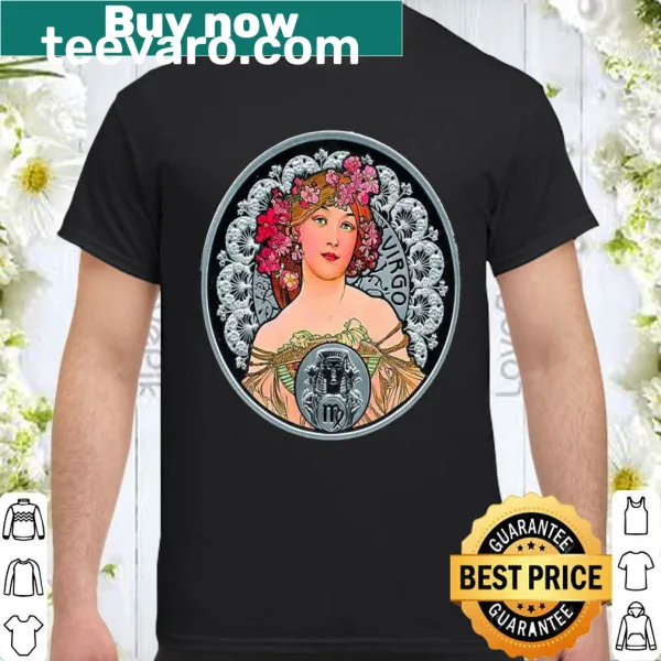 Art Nouveau Virgo zodiac sign illustration on shirt by Mucha style