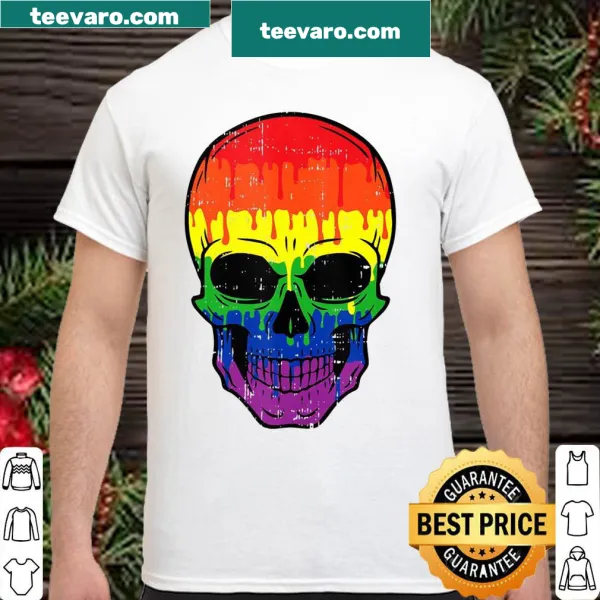 Bloody skull graphic on a shirt celebrating Pride and Halloween.