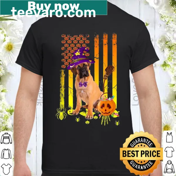 Halloween shirt featuring a Bullmastiff pumpkin and American flag