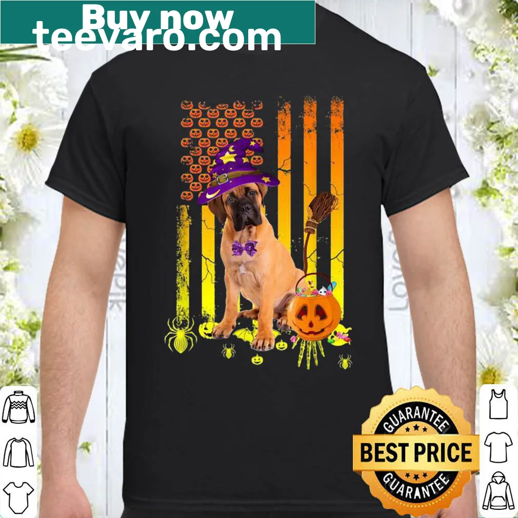 Halloween shirt featuring a Bullmastiff pumpkin and American flag