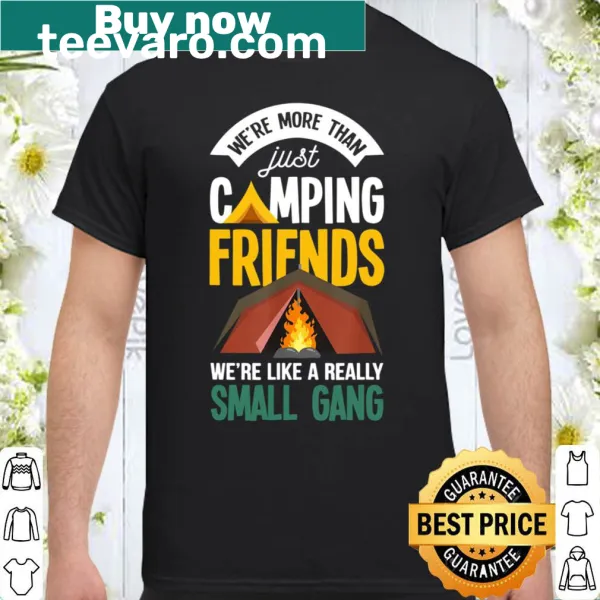 Camping-themed T-shirt with illustrations of tents and camping accessories.