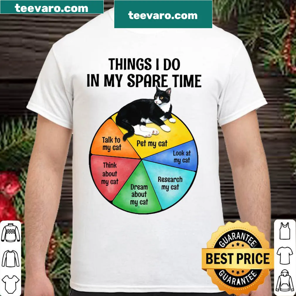 Grey standard T-shirt listing cat activities in playful text.