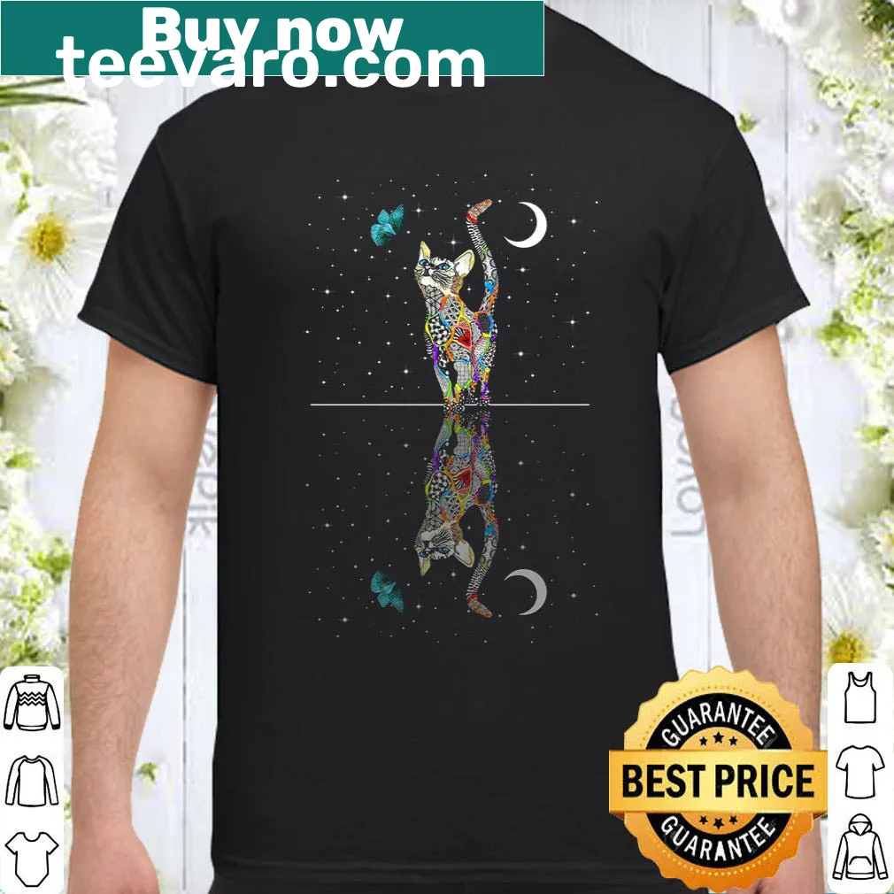Whimsical cat shirt with butterflies and a moon design