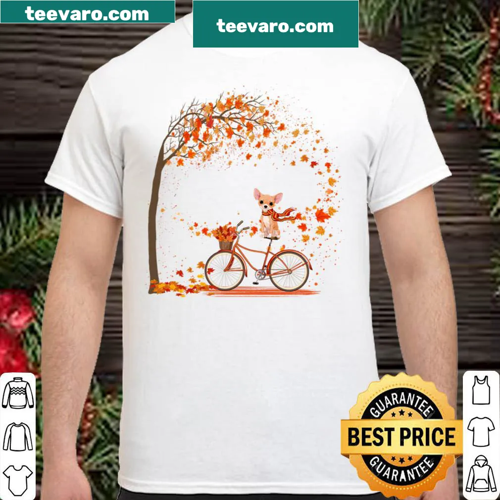 Whimsical illustration of a Chihuahua cycling in autumn