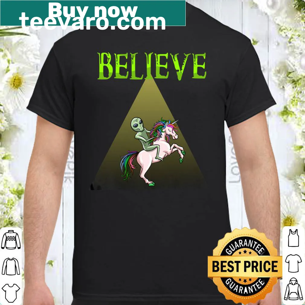Funny alien riding a unicorn graphic on shirt
