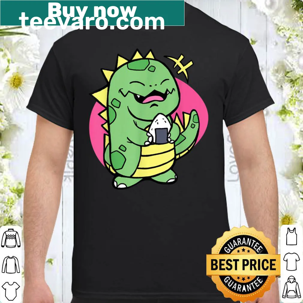 Cute T-shirt featuring a dinosaur with onigiri