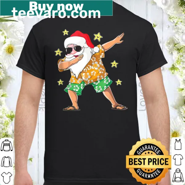Cartoon dabbing Santa on a Hawaiian themed Christmas shirt