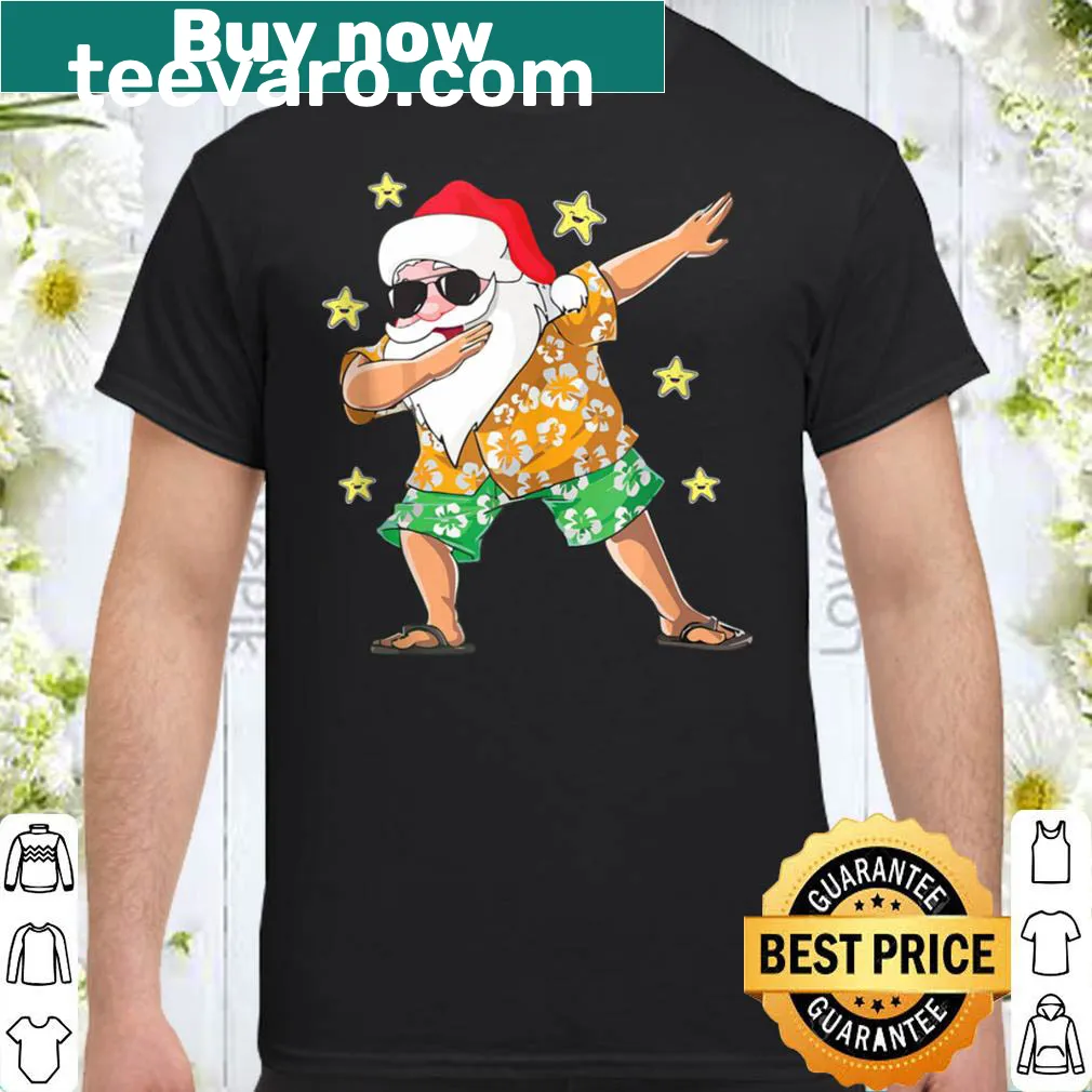 Cartoon dabbing Santa on a Hawaiian themed Christmas shirt