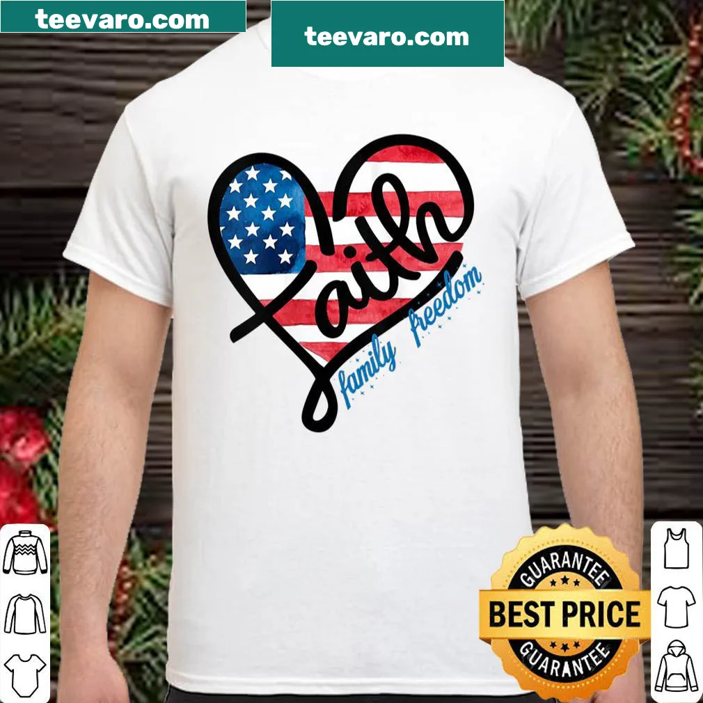 Patriotic shirt featuring text about faith, family, and freedom for women — on a women's shirt