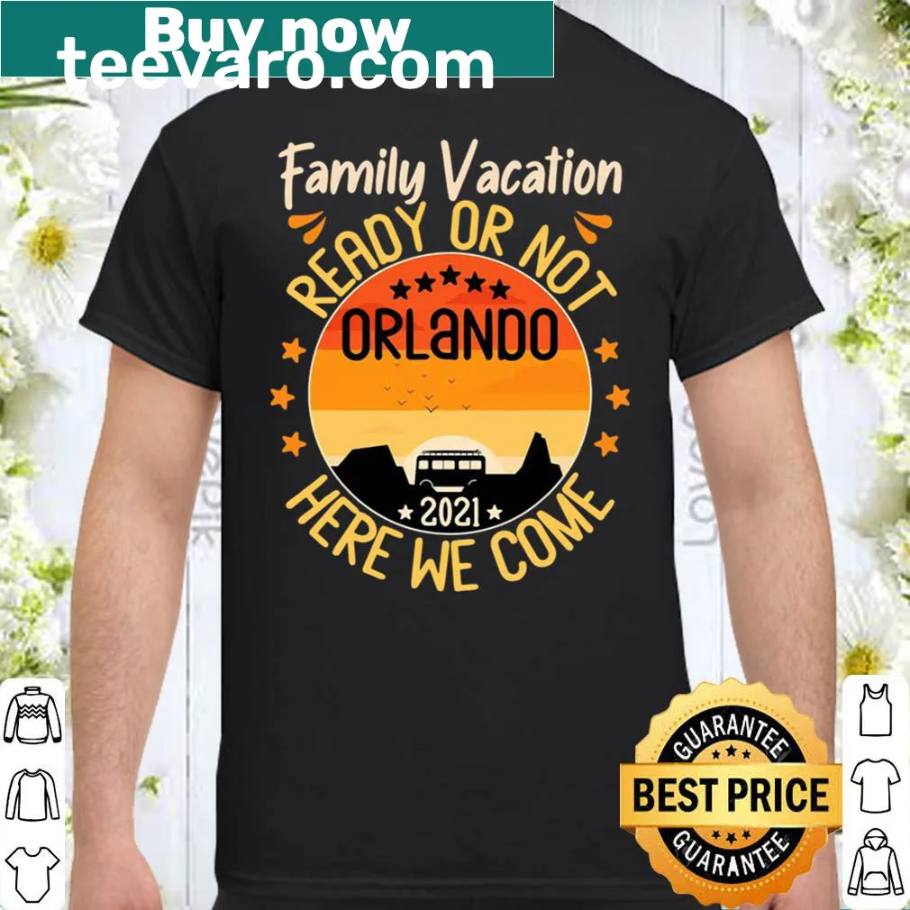 Cartoon design of Orlando attractions on a family vacation shirt