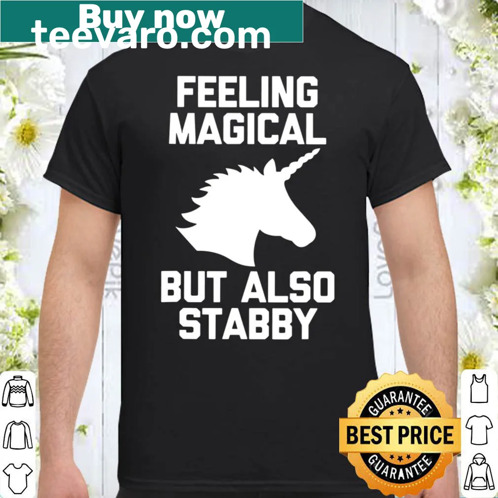 Cartoon unicorn graphic with a humorous expression on a t-shirt