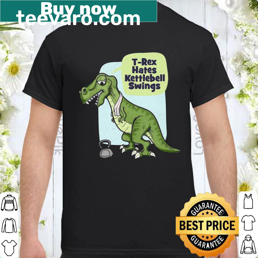 Funny T-Rex gym shirt with kettlebell graphic