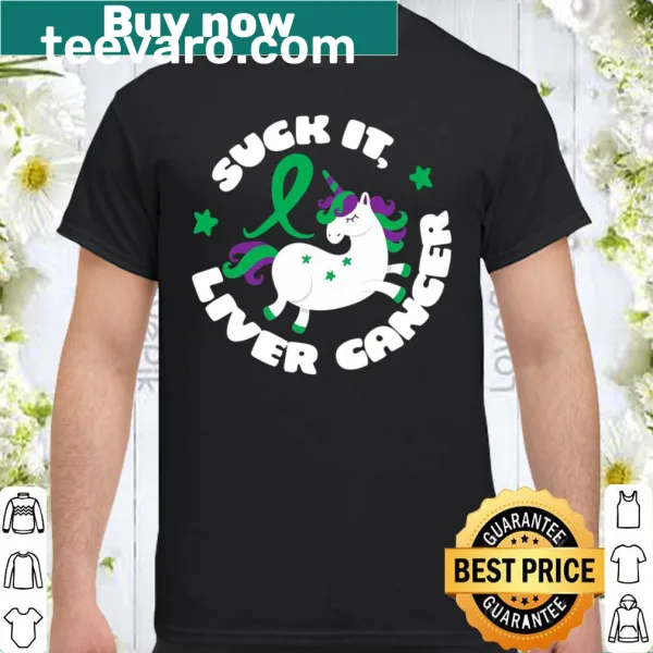 Unicorn graphic with 'Suck It Liver Cancer' text on shirt