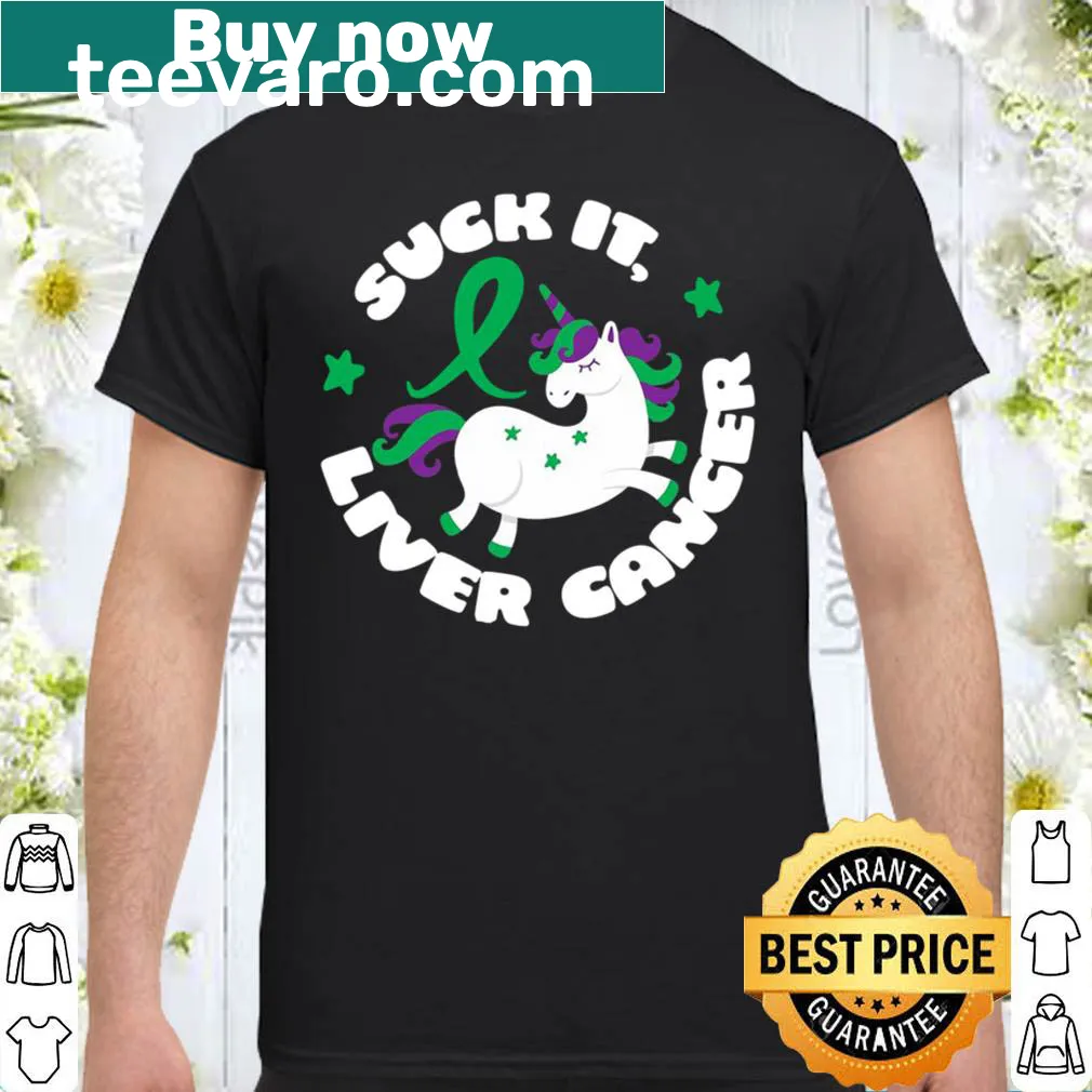 Unicorn graphic with 'Suck It Liver Cancer' text on shirt